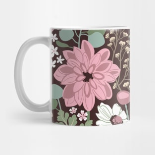 Boho garden // pattern // expresso brown background sage green cotton candy pink dry rose ivory and white flowers Mug